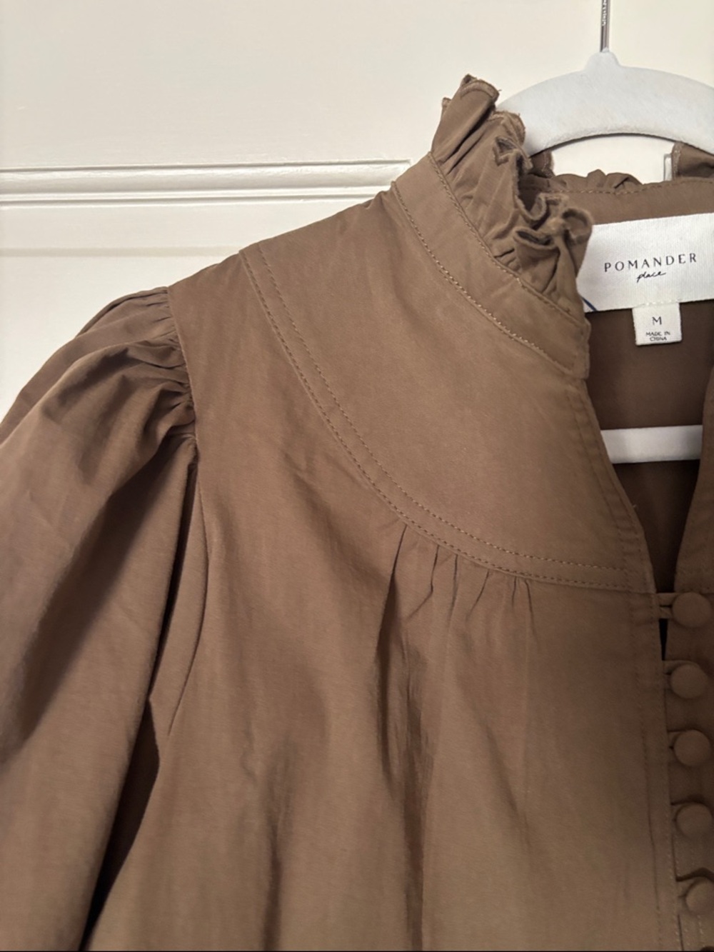 Women's Ruffle Neck Button-Front Tunic Top - Brown - Picture 3 of 5